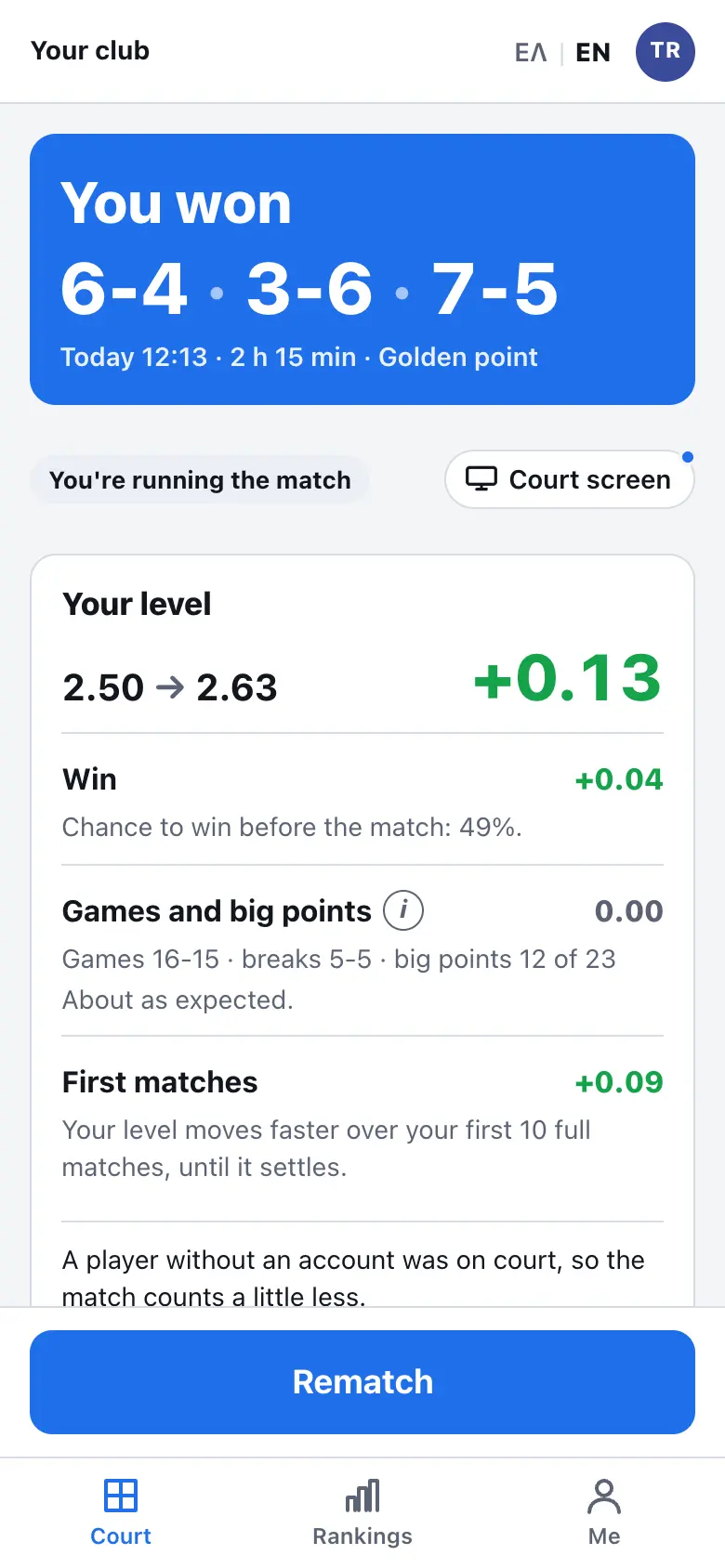 A demo screen on a phone: They leave with the result and their new level.